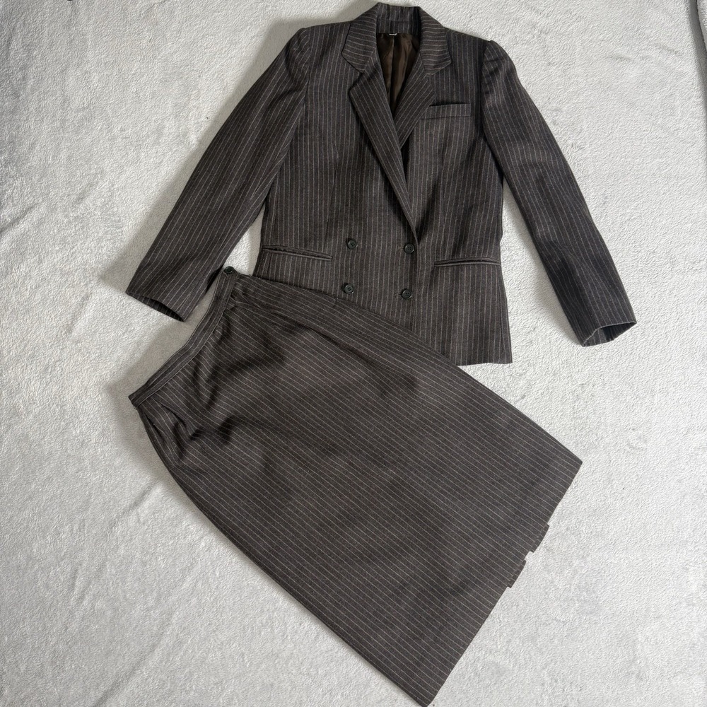 Vintage Peabody House 2 Pc Jacket Skirt 5/6 Brown Pinstripe Classic Wool Blend